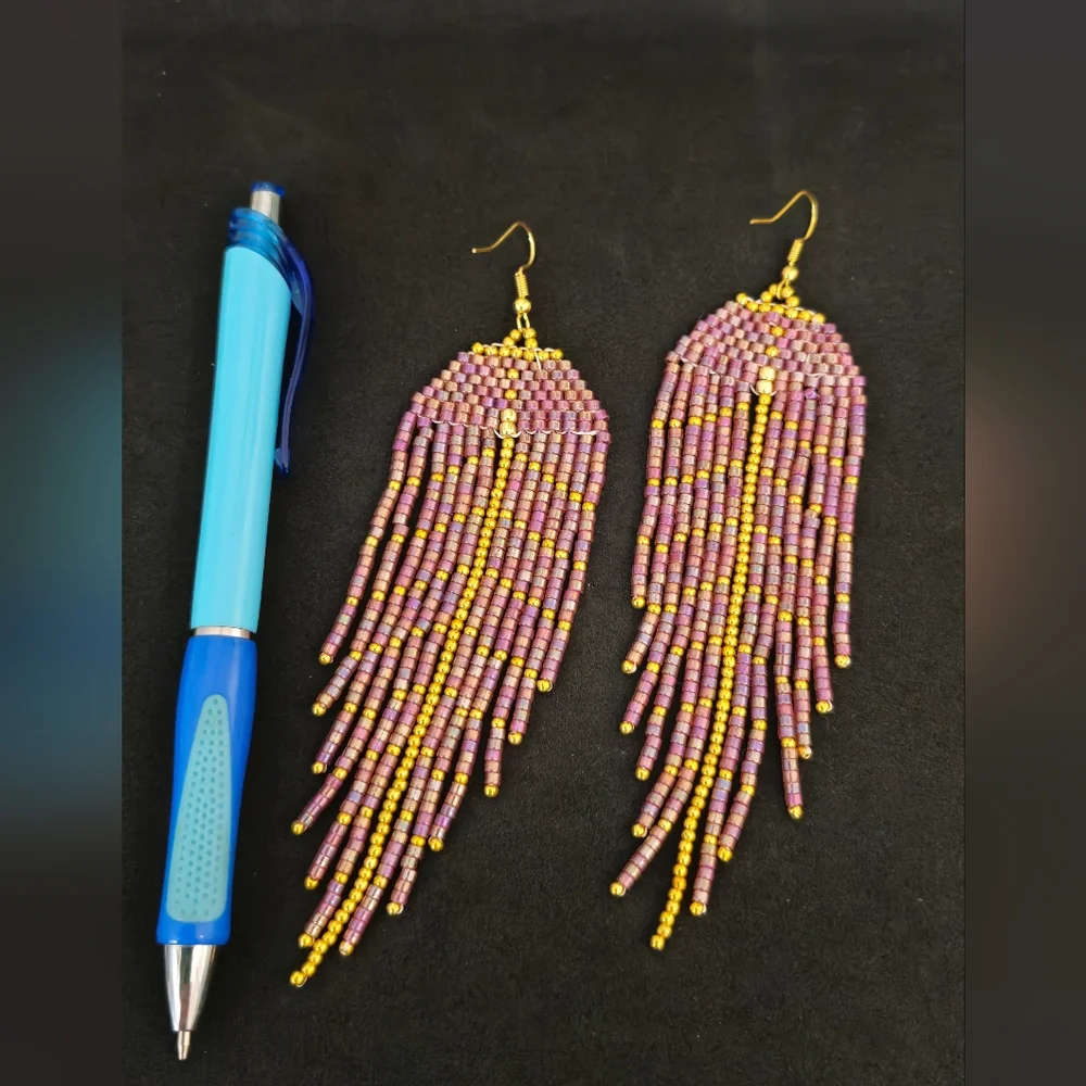 Long multi-colored earrings made of Czech and Japanese beads by hand - Picture 3 of 5